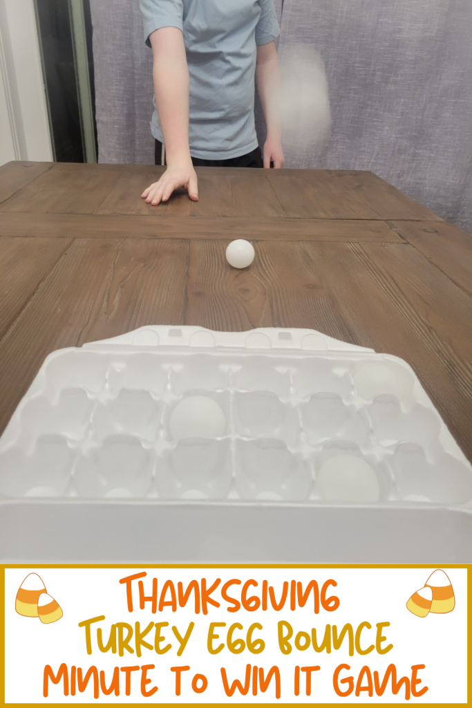 Fun Minute to Win it Thanksgiving game challenging friends and family to bounce a ping pong ball into an egg carton. Try and boune as many ping pong ball as you can in one minute. A hilarious Thanksgiving Minute to Win it Game!