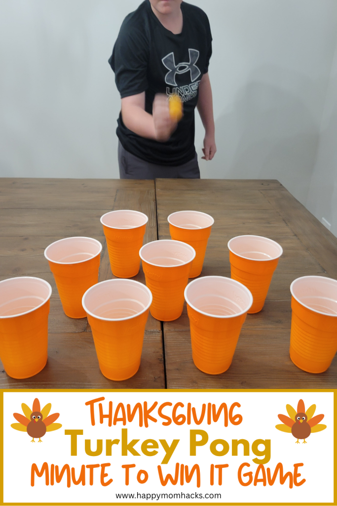 Play Turkey Pong this Thanksgiving with friends and family. It's an easy and hilarous version of beer pong with a family friendly spin so all ages can play. Guest have 1 mintue to bounce a ping pong ball into solo cups at the end of the table. Fun Minute to Win It Game to play on Thanksgiving Day.