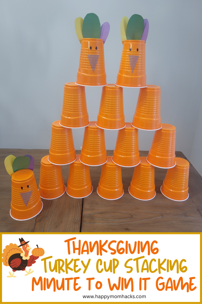 Minute to Win It Cup Stacking game for Thanksgiving Parties. A fun 60 second challenge to stack cups and knock them down beofre the timer goes off. All ages will enjoy play this quick game on Thanksgiving Day, at Friendsgiving parties, or Classroom parties.
