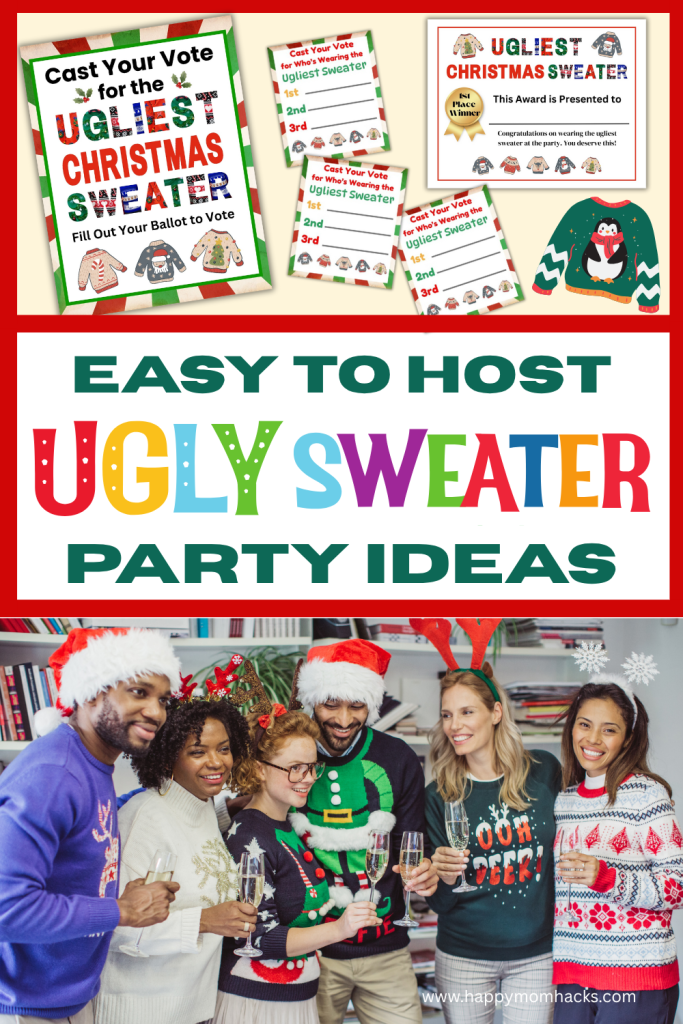 Hosting a fun Ugly Sweater party can be super easy with these funny Christmas party ideas. Learn how to make an ugly sweater contest with printable signs, voting ballots, voting tally & Ugly Sweater award certificates. The perfect DIY Christmas party for adults with Christmas games that are sure to get everyone talking & laughing at your Holiday party or White Elephant party with friends and family.