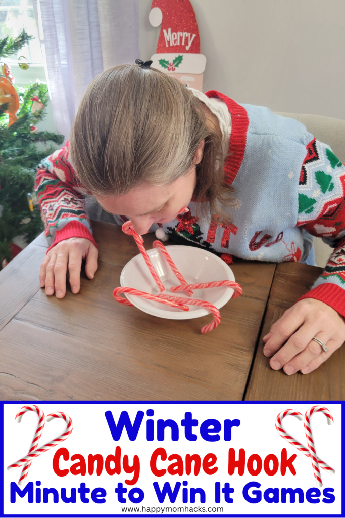 Funny Candy Cane Winter Minute to Win It Game trying to hook the cane canes. An easy and quick 60 second challenge for family Christmas parties, classroom parties, holiday parties, Ugly Sweater parties, or holiday office parties. Learn how to play!
