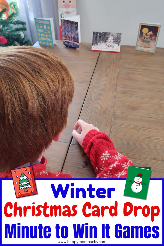Fun Christmas Card Game Minute to Win It Challenge for kids, teens and adults. A quick one minute game trying to push the Holiday cards off the table. Funny Christmas party games, classroom game, Ugly Sweater Party Game or White Elephant Party Game. Super easy group game for holiday parties.
