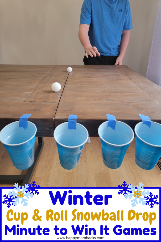 This fun Snowball Drop game is a quick and easy Winter Mintue to Win it Game for parties. A simple group game rolling ping pong balls into solo cups that kids, teens and adults will be excited to play. A great Christmas party game, White Elephant game, Winter birthday games, or classroom games. Check it out and find a the perfect Minute to Win It Games for your Winter party.
