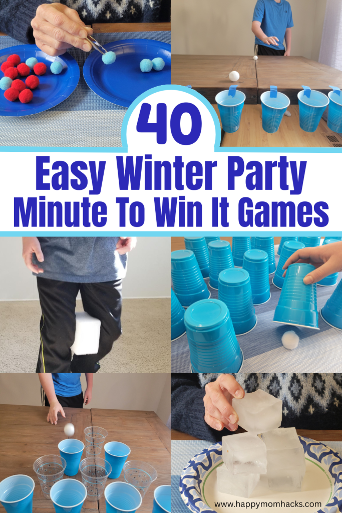 Funny Winter Minute to Win it Games for classroom parties, birthday parties or Christmas parties. Quick 60 second challenges all with a winter theme that kids, teens and adults will have a blast playing. Simple & cheap party games with items you have in the classroom or home already. Learn how to play the one minute games for an unforgettable winter party with friends or family.