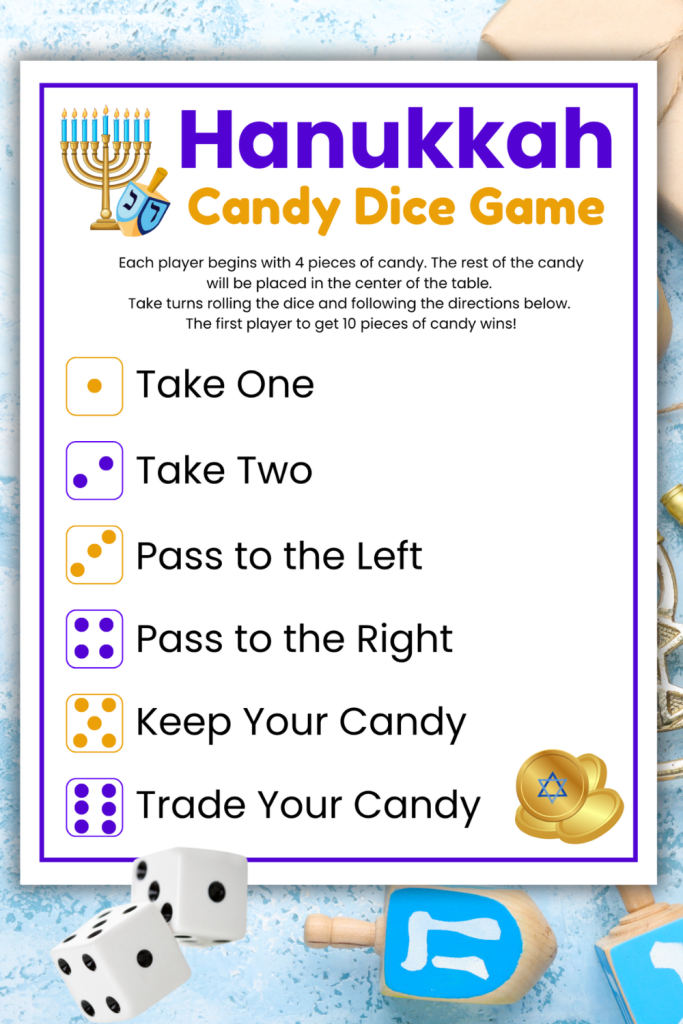 Printable Hanukkah Candy Dice game to play as fun Hanukkah Party games for kids, tweens & teens. An easy Chanukkah game, just roll the dice to trade, take, or pass candy. Quick and fun holiday dice game to play as Hannukkah Party games, family Hannukkah dinner games, Hebrew school games, Sunday School games, or a family game night. Just download, print, & play at any Hanukkah celebrations.