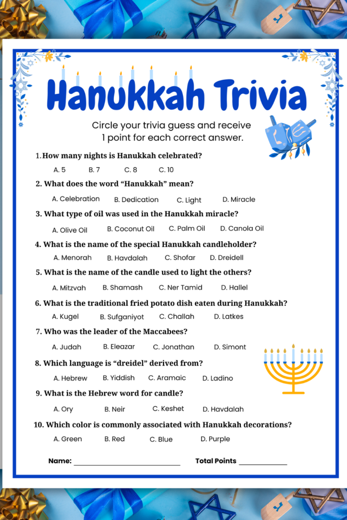 Challenge kids, teens and adults to a fun Hanukkah Trivia Game. Celebrate the Festival of Lights with engaging Chanukkah Trivia questions and answers. An easy Hanukkah game for Hanukkah parties, Hebrew school games, or a family Hanukkah activity that all ages can play. Just download, print, and play this fun Jewish game today!!