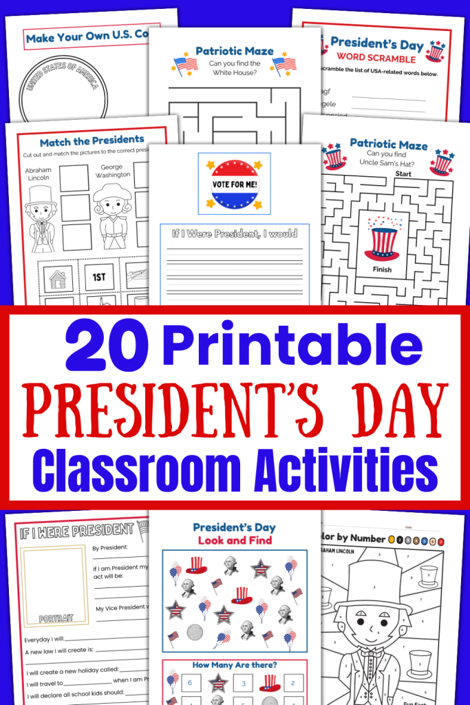 Fun President's Day Activities for Classrooms to get kids excited and interested in learning about US Presidents. 20 Printable patriotic games and activities like Word Scramble, Color by Number, Mazes, Match the President, Patriotic Look and Find, Writing promps, Draw your White House, Fact or Fiction game, & more. Easy teacher resource with Patriotic games for kindergarten and elementary age kids to play at school.