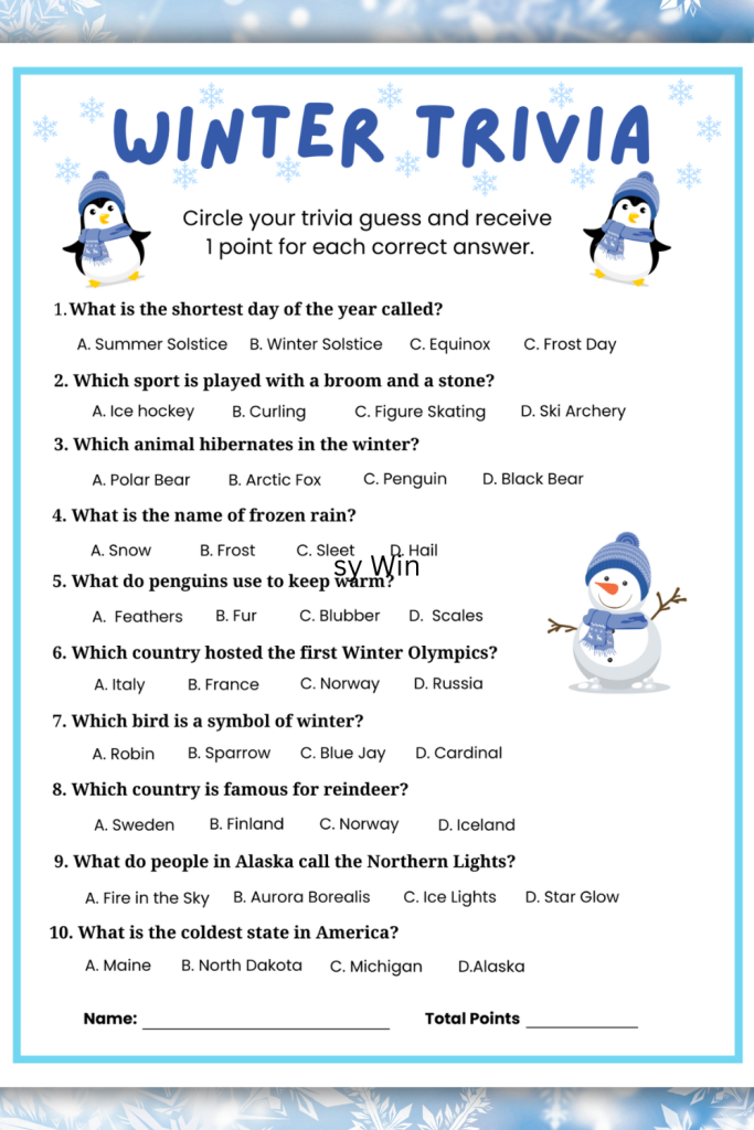 Fun Printable Winter Trivia Game for kids with questions and answer key included. Play this trivia quiz as a brain break, classroom game, or winter party game in Elementary School or Middle School. Students will love the challenge of these easy multiple-choice trivia questions. Just download, print, and play this school game today!