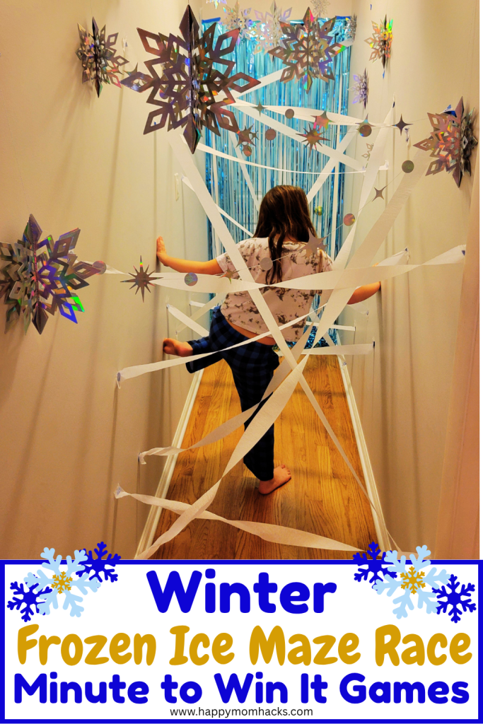 Fun kids Winter Minute to Win it Challenge racing through a Frozen ice obstacle course for hallways. The 60 second challenge is an easy to set up indoor obstacle course with a fun winter theme kids will love. Great kids activity for winter birthday parties, classroom games or family game nights.
