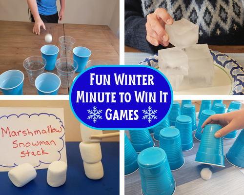 40 funny Winter Minute to Win it Games with unique winter-themed 60 second challenges. Fun group games for classrooms, winter birthday parties, family game nights, or holiday office parties that all ages from kids to teens and adults can play.