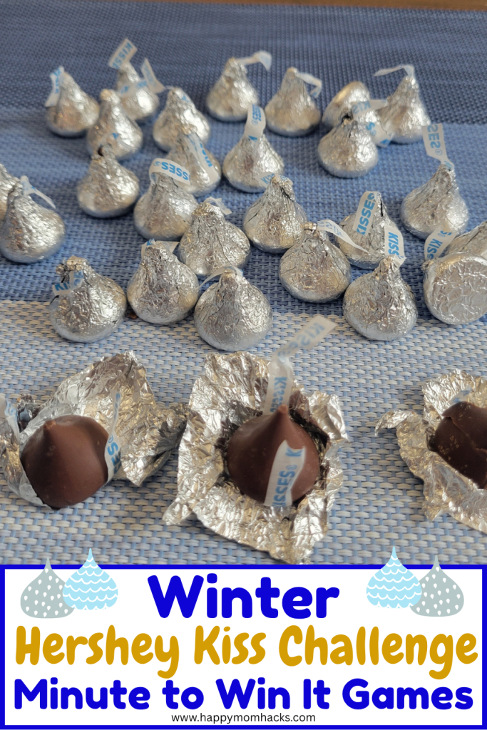 Quick Hershey Kiss Mintue to Win It Challenge a funny party game for kids, teens and adults. Players race to unwrap Hershey kiss candies in this easy winter challenge. Great group game for Christmas parties, Winter Birthday parties, holiday classroom parties, holiday office parties, teen youth groups or family game nights. Find out how easy it is to play!