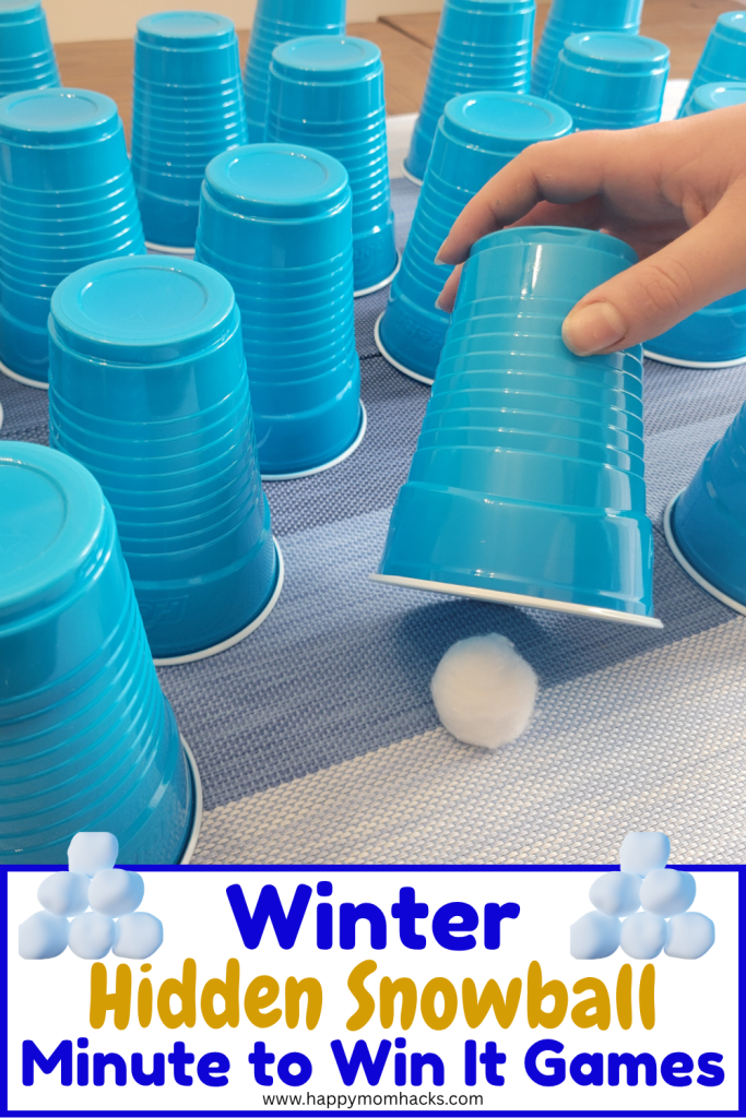 Find the Hidden Snowball in this funny Winter Minute to Win It Game. A quick 60 second challenge searching for a cotton ball under solo cups. Easy to set up and funny to watch makes it a great group game for winter birthday parties, Christmas parties, classroom holiday parties, or family game nights this winter.