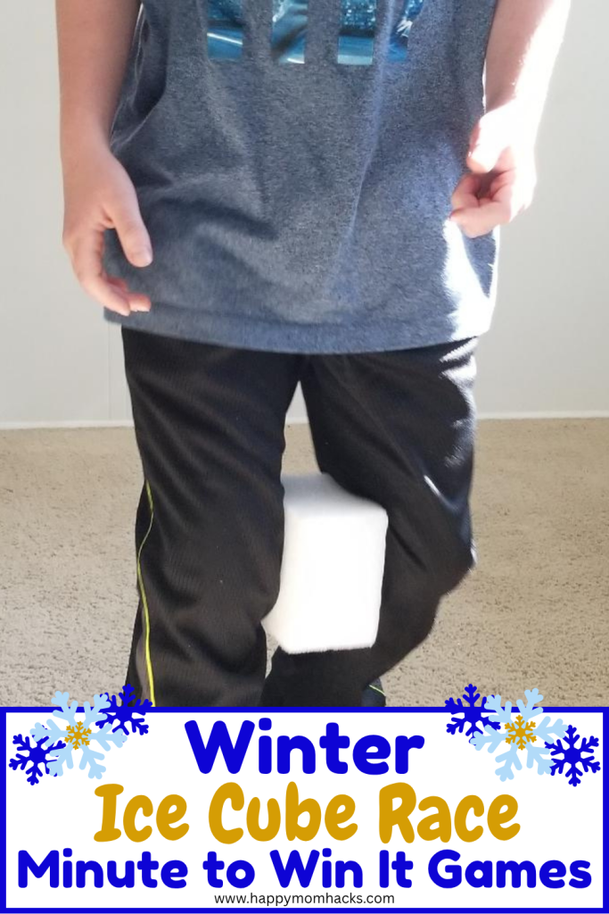 Funny indoor winter Ice Cube Race Mintue to Win It game for kids, teens and adults. Easy to play with styrofoam blocks between players knees during the hallway race. Great group game for school winter parties, birthday parties, family game nights, teen youth group games or holiday office parties. A fun party game that will bring out friendly competition and lots of laughs.