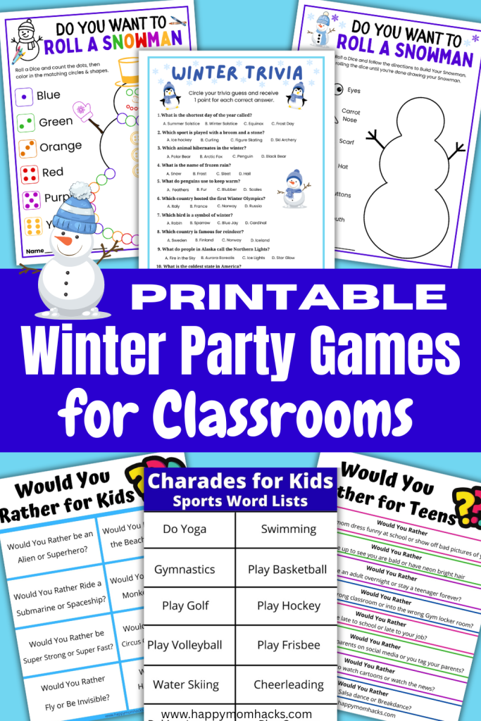 Fun & Easy printable Winter Party Games for classrooms. Perfect for school party games or brain breaks with a mix of Winter Trivia, Charades, Would You Rather Questions, Dice games and more. Celebrate the winter season with students using these fun winter games.