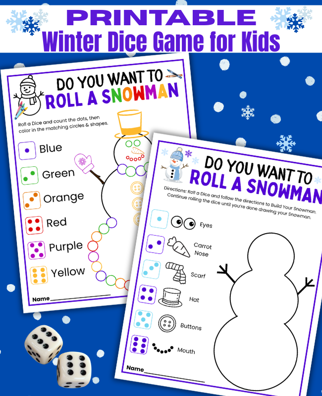 Roll a Snowman Dice game is a fun printable winter activity for kids. Two snowman coloring pages for kids to play in classrooms, as winter games at home or as winter party games.