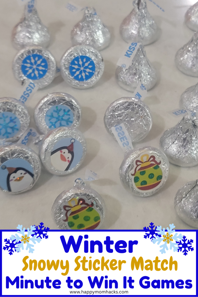 Match the snow stickers on Hershey Kisses in this fun Winter Minute to Win it Game. Players have 60 seconds to find as many matching stickers as they can before the timer goes off. A great party game for Christmas, classroom winter parties, winter birthday parties, holiday parties or family game nights. A simple game all ages can play together!