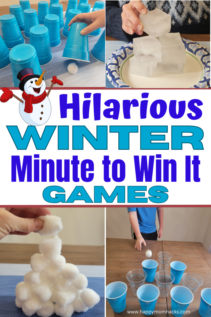 Hilarious Winter Party Games with 40 quick Minute to Win It Challenges for clasrooms, holiday parties, birthday parties or game nights. Easy to set up winter games with items you have at home. Pefect group game for kids, teens and adults that are sure to get everyone laughing and talking! Check it out and find the perfect winter party activities for your students or family and friends.