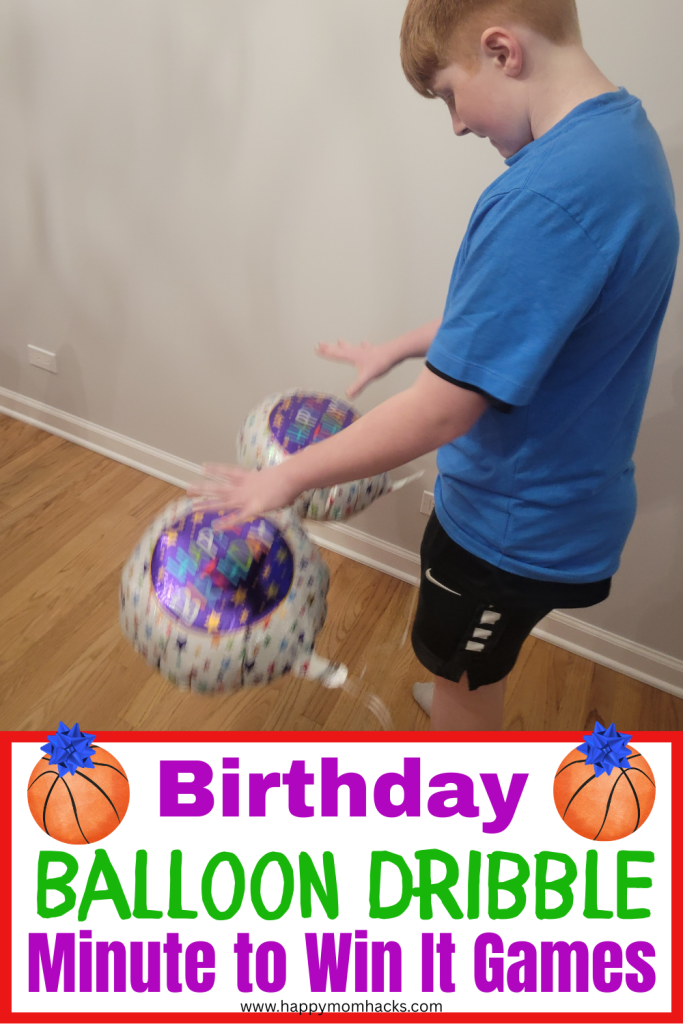 Balloon Birthday Minute to Win It Challenge. Kids have 60 seconds to drible two hellium balloons like a baskeball across the finish line. A quick and easy ballon party game that's perfect for Birthday party games for all ages.