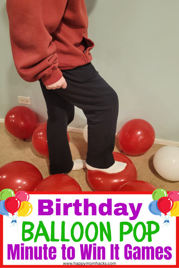 Pop the Balloon in this fun Birthday Minute to Win It Game. A fun 60 second challenge balloon game to pop as many balloons as you can before the time is up. A great group game for birthday parties that all ages can play.