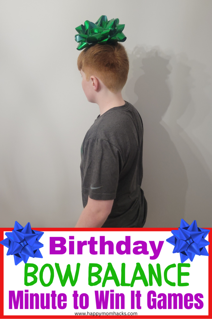 Balance a birthday bow on your head in this fun Minute to Win it Birthday challenge. A quick 60 second game that will having kids, teens and adults racing across the room and laughing. A balancing challenge that will liven up your birthday party!