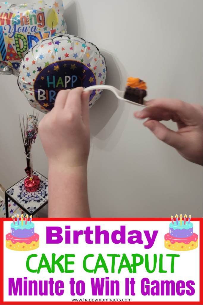 Fun Cake catapult Minute to Win it birthday game challenge. Try and fling a piece of birthday cake with a spoon across the room the furthest. A quick and funny 60 second challenge that kids, teens and adults can play at birthday parties.