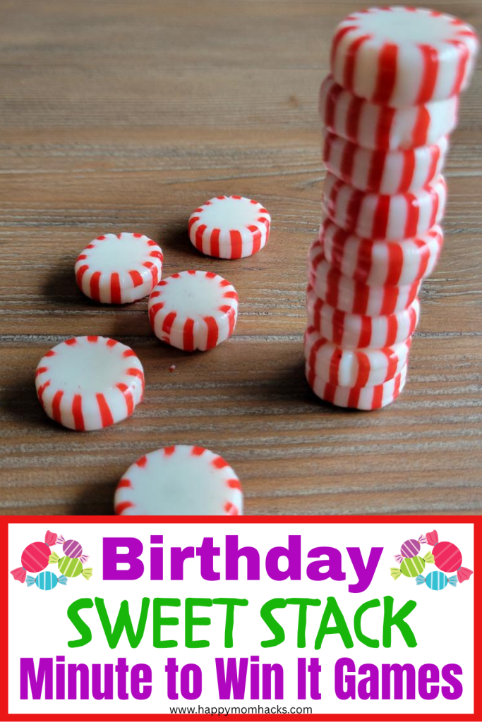 Stack the peppermint candy in this fun Birthday Minute to Win it Game. A the funny 60 second challenge will have players stacking candy as high as they can before the time is up. Pefect party game for birthday parties with kids, teens and adults.