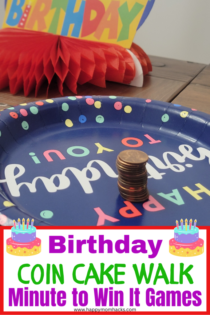 Race the clock to stack the coins in this fun Birthday Minute to Win It Game. A fun game for birthday parties for kids, teens and adults with players racing to stack coins and balance them on a plate as they race across the room. Easy to set up and hilarious to watch making it the perfect birthday party game!