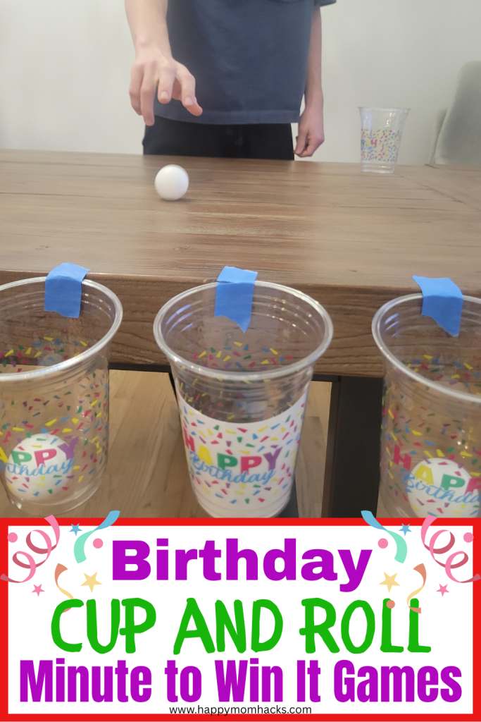 Quick Birthday Minute to Win it Challenge rolling ping pong balls into cups. An easy 60 second game that will have all ages competing to win. Great party game for birthday parties with kids, teens and adults.