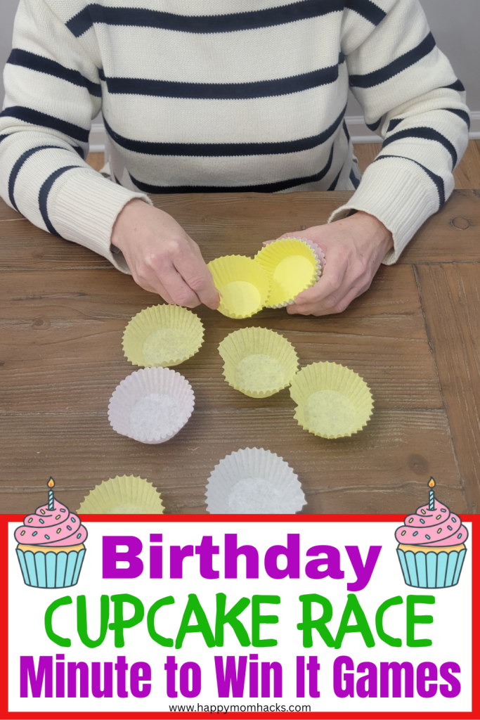 Quick cupcake liner race Minute to Win it game for birthday parties. A cheap and easy birthday party game that will have friends and family racing the clock to separate all the cupcake liners the fastest. Great group birthday game!