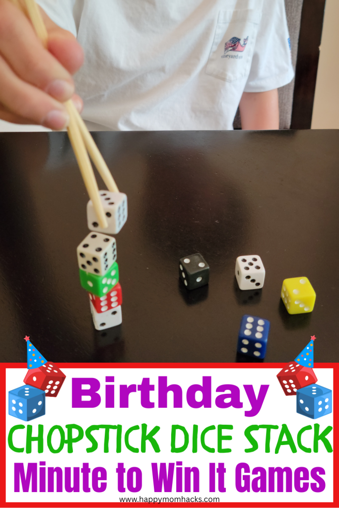 Challenge friends and family to a Dice Stacking Minute to Win it game. A quick and fun birthday party game using chopsticks to stack dice in 60 seconds. Great birthday game that will keep all ages entertained!