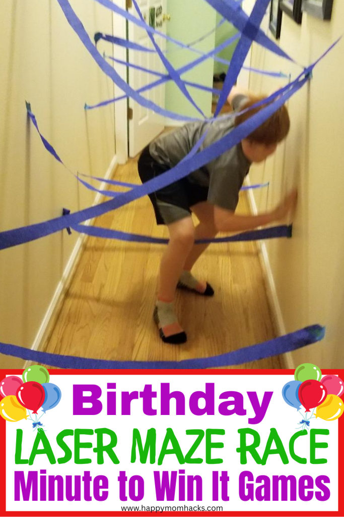 Fun Laser maze race for birthday parties. A quick Minute to Win it birthday game will have kids racing through a hallway laser maze in 60 seconds. Learn how easy and cheap it is to make this indoor birthday game that kids love to play!