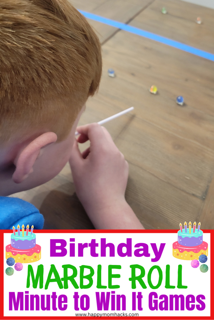 Challenge friends and family to a Birthday Minute to Win it Marble Roll Game. Players have 60 seconds to use a straw to blow the marbles over the finish line. Quick and easy to set up birthday game that kids, teens and adults will have a blast playing at Birthday parties.