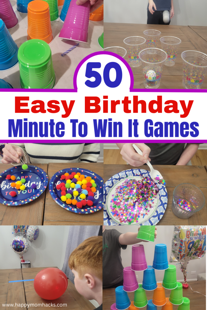 Quick and easy Birthday Minute to Win It games with birthday themes making them unique from other Minute to Win It Games. The birthday games are great birthday party games at home with simple supplies you probably already have. All ages will love these funny 60 second challenges and trying to beat the clock at your next birthday celebration!