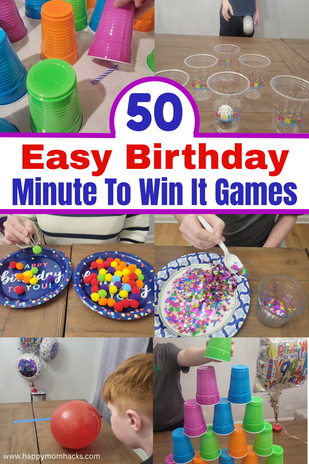 Quick and easy Birthday Minute to Win It games with birthday themes making them unique from other Minute to Win It Games. The birthday games are great birthday party games at home with simple supplies you probably already have. All ages will love these funny 60 second challenges and trying to beat the clock at your next birthday celebration!