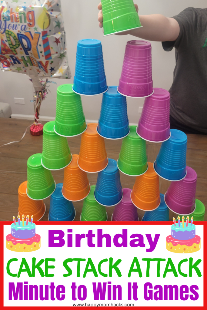 Birthday Cup Stacking Minute to Win it Challenge is the pefect birthday party game. Simple to set up with solo cups that players have 60 seconds to stack and unstack. All ages will love racing the clock in the Stack Attack challenge at your next birthday party.