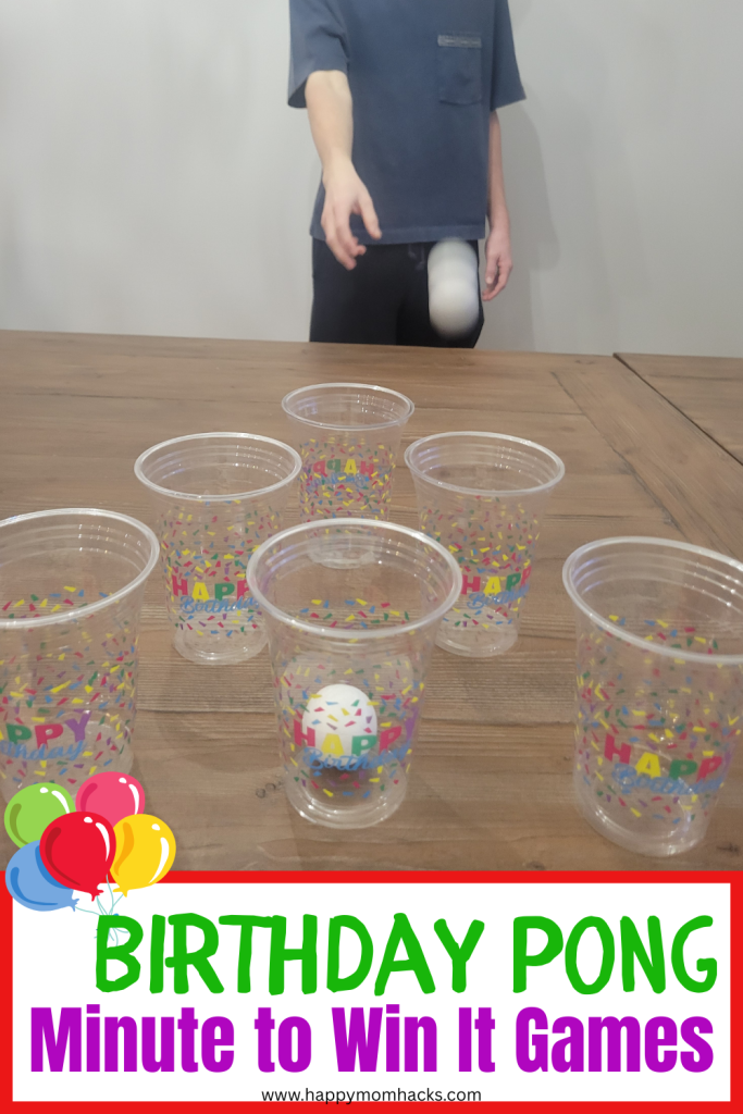 Play this funny Minute to Win it Birthday Pong game at your next birthday party. A quick and easy birthday game with plastic cups and ping pong balls that you bounce into the cups. Kids, teens and adults will love the challenge at your next birthday party at home!