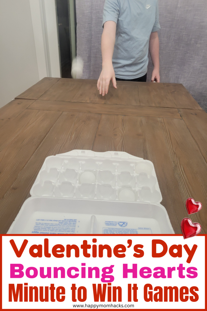 Fun Valentine's Day Minute to Win It Game Bouncing Hearts. Players will bounce a ping pong ball into an egg carton in a 60 second challenge.