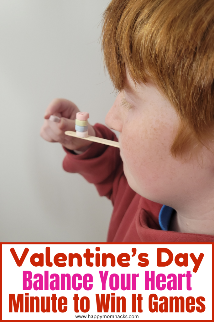 Fun Conversation Hearts Minute to Win it Game for Valentine's Day. Kids, teens and adults try to stack as many conversation heart candies as they can while balancing them on a popsicle stick. A funny 60 second challenge for Valentine's Day parties or Classroom parties at school.
