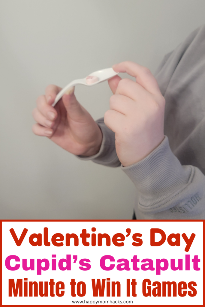 Fun Conversation Hearts Minute to Win It Game for Valentine's Day flinging hearts across the room. A quick and easy 60 second challenge for Valentine's Day party games, classroom games, Galentine's Day games, Office party games or Family game nights.