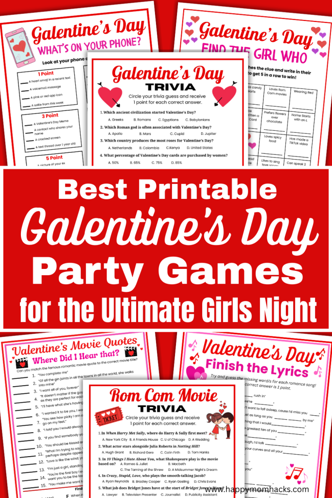 Host a fun Galentine's Day party with printable Galentine's games for Girls Night Out, Galentine's Day brunch, Galentine's dinner party, Teen Valentine's parties or a cozy ladies night in at home. 10 printable Galentines party games like Valentine's Trivia, social bingo, Romance movie games, Finish the lyrics love song game and more. Easy print and play party game ideas that will keep friends talking and laughing and enjoy a night out with friends. Grea Valentine's party games for teens and adults to play!