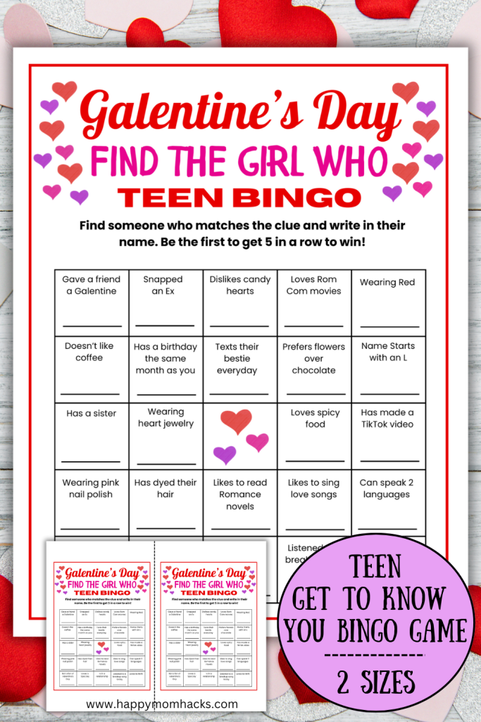 Fun Teen Valentine's Day Game to get to know their friends with Galentien's Day Find the Girl Who Bingo. A social bingo game that has teen girls asking bingo questions to fill their bingo card. A fun icebreaker game for teens at Galentine's Day parties, or teen sleepovers. Just download, print and play today!