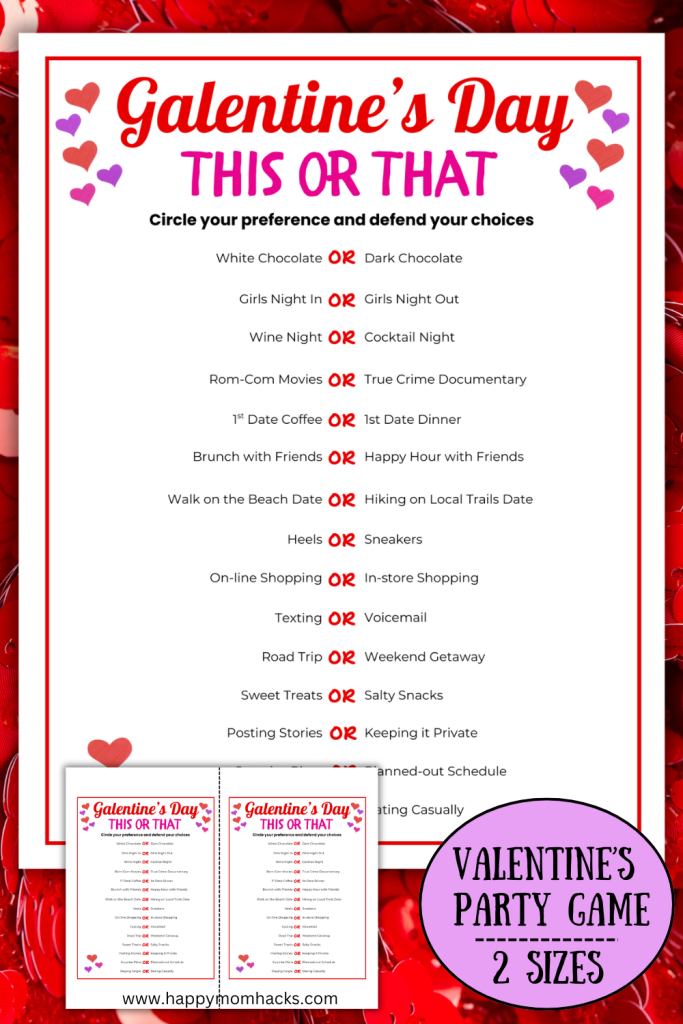 Debate your friends with a Galentine's Day This or That game. Fun printatable Valentine's Day would you rather game that will get your girlfriends talking and laughing at Galentine's Day parties, Galentine's Brunch, a Girls Night Out or a cozy Girls Night in with friends. Grab this printable Galentine's Day game and your party game entertainment is ready!