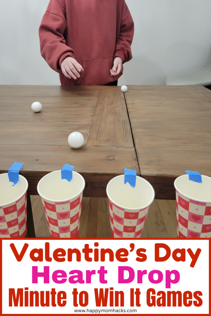Roll and drop Valentine's Day Minute to Win it game with solo cups and ping pong balls. Challenge friends and family to roll as many ping pong balls as they can into plastic cups in this funny 60 second challenge. Pefect game for Valentine's Day parties or school parties for Valentine's Day.