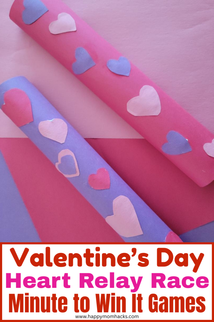 Exciting Heart Realy race for Valentine's Day parties. Challenge friends to a Valentine's Minute to Win It Game with DIY relay wands in a race around obstacles to beat the clock. Fun team game classroom Valentine's Day parties, or party games at home with friends and family.