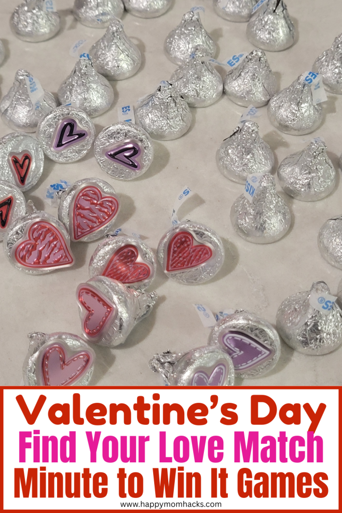 Hershey's Kisses Minute to Win In It Challenge for Valentine's Day. Race the clock to match the heart stickers on the bottom of the Hershey's Kisses. A quick and funny 60 second challenge to play as classroom games, Valentine's Day Party games, office games or on family game nights. Easy party game you can play today!