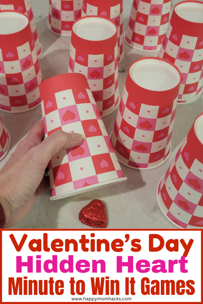 Quick Valentines Minute to Win It Challenge to find the hidden heart under paper or plastic cups. Players have 60 seconds to search and find the heart before the time is up. A fun party game for Valentine's Day, as classroom party games, office games, teen party games or family game night ideas. Simple to set up holiday game with cups and a heart shape so you can play today!
