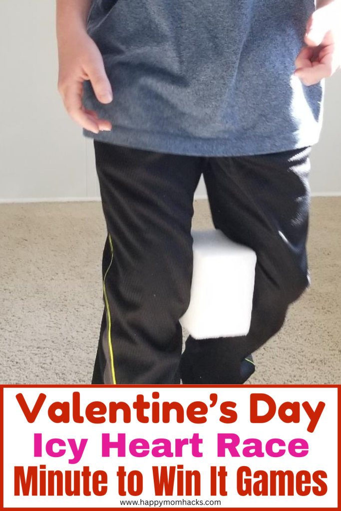 Challenge kids to a Valentine's Minute to Win It Ice Race. Place a styrofoam block between your knees and race to the finish line in this 60 second challenge. Perfect Valentine's game for classroom parties, Valentine's day parties at home or parties with Friends.