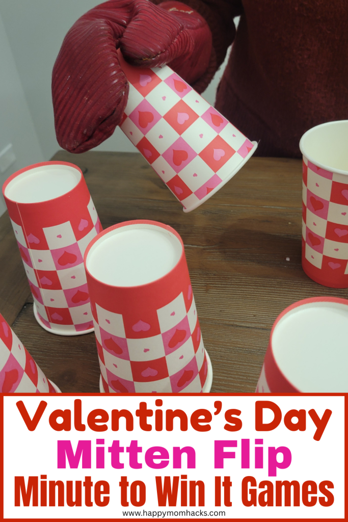 Can you flip a cup with an Oven Mitt? Try this funny Valentine's Minute to Win it Game at your Valentine's Day party. A quick 60 second challenge that will have kids, teens and adult laughing and talking. Play this fun party game at classroom parties, office parties, Galentine's day parties, Valentine's day parties, teen parties or family game nights.