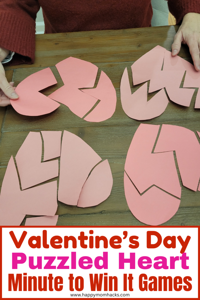 Challenge kids, teens and adults to this heart puzzle Mintue to Win it Game for Valentine's Day. Fun party game with DIY heart puzzles friends and family will try and complete in a 60 second challenge. Easy Valentine's Day game for Valentine's Day parties, classroom parties, teen parties, or family game nights. All you need is construction paper to play!