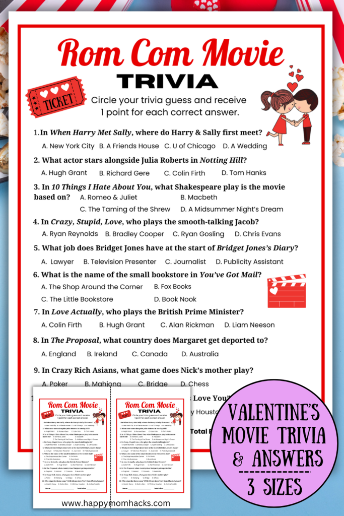 A fun Rom Com Movie Trivia quiz that will test your friends Romance movie knowlege. Find out who knows their Rom Com Movies Best. Easy printable Valentine's Day game to play at Valentine's day parties, Girls Night Out, Galentine's day parties, Books clubs, Teen Valentine's parties or a fun ladies night in with friends. Great conversation starters remembering your favorite Romance movies that's sure to be a hit with movie lovers and casual watchers alike.